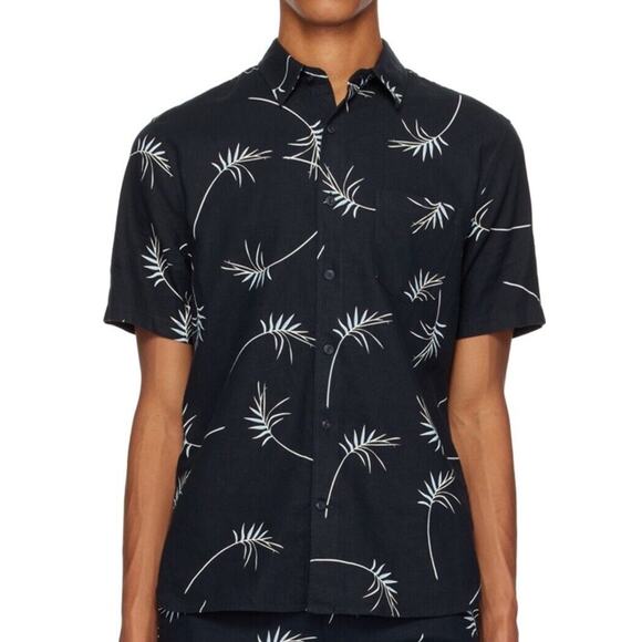 Vince Classic Fit Mens Willow Leaf Navy Blue Linen SS Button Up Hawaiian Shirt M - Picture 1 of 9